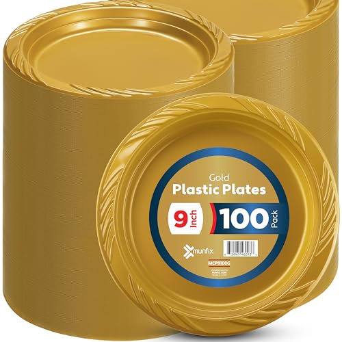 Munfix 100 Pack Gold Plastic Dinner Plates, 9 Inch Disposable Plates Bulk Pack, Party Plates for BBQ, Picnic, Parties, Travel and Events, Microwavable Recyclable Munfix 100 Pack Gold Plastic Dinner Plates, 9 Inch Disposable Plates Bulk Pack, Party Plates for BBQ, Picnic, Parties, Travel and Events, Microwavable Recyclable