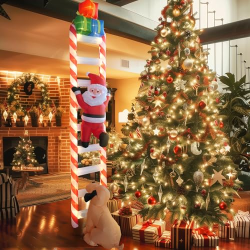 9 FT Hanging Christmas Inflatables Decorations with Led Light, Santa Claus Chased by A Dog Climbing Ladder, Funny Blow up Christmas Ornaments, Xmas Holiday Decor for Party Outdoor Yard Porch Roof