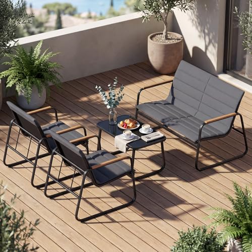 COSTWAY Gartenmöbel Set, Outdoor Lounge Möbel, Balkonmöbel Kleiner Balkon, Sitzgruppe mit 2 Stühlen, Bank, Tisch und Kissen, Sitzgarnitur, Terrassenmöbel, Gartengarnitur für Balkon, Terrasse, Garten