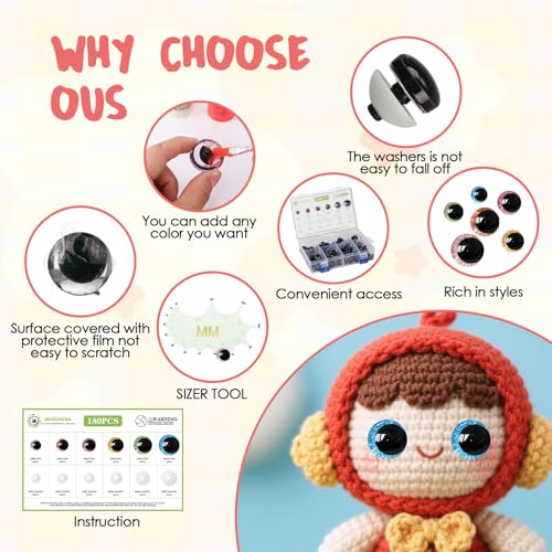 image for MUCUNNIA 180 Pcs 3D Moon Glitter Safety Eyes for Amigurumi with Washer