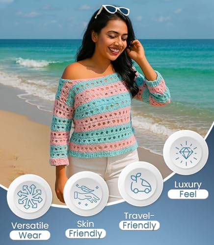 Crochet Tops for Women – Off The Shoulder Sweater - Long Sleeve Summer Tops for Women - Crochet Coverup with Flared Sleeves for Spring Style - Blue - Extra Large3