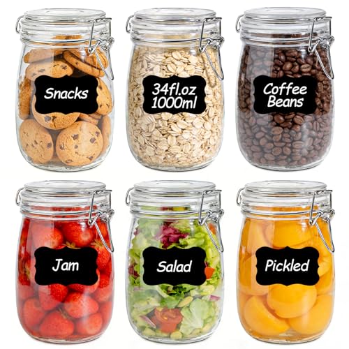 KTMAMA Glass Jars with Airtight Lids 34 oz 6 Pack Food Storage Pantry Round