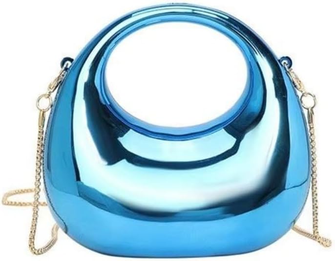 Blue Metallic Half-Moon Clutch Purse with Gold Chain Strap, Glossy Minimalist Evening Bag for Party & Daily, Affordable Fashion Handbag