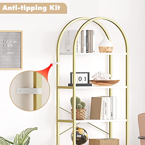 GAOMON Bookshelf Tall Arched Bookcase Modern Display Racks Standing Bookshelves Metal Frame 5 Tier Storage Rack Shelf Gold Book Shelf for Bedroom, Living Room, Home Office