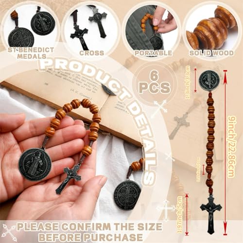 BONITTER 6 Pack Medalla de San Benitol and Crucifix, 9 Inch,Saint Benedict Medal Prayer Pocket Rosary Catholic Brown Wood Beads Cross2
