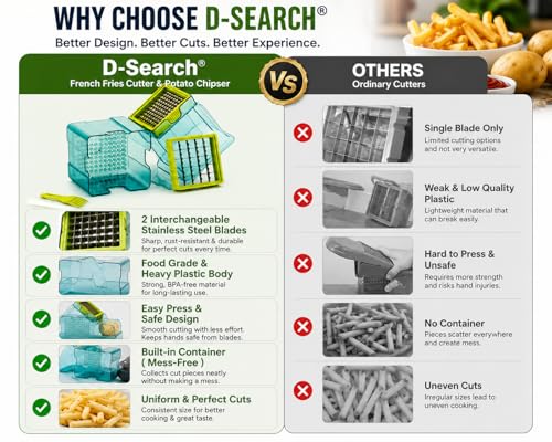 Image of D-Search Manual Potato Chipper & Vegetable Cutter with 2 Stainless Steel Blades, French Fries Maker, Finger Chips Cutter for Potato, Carrot, Cucumber & Vegetable Cutting Tool
