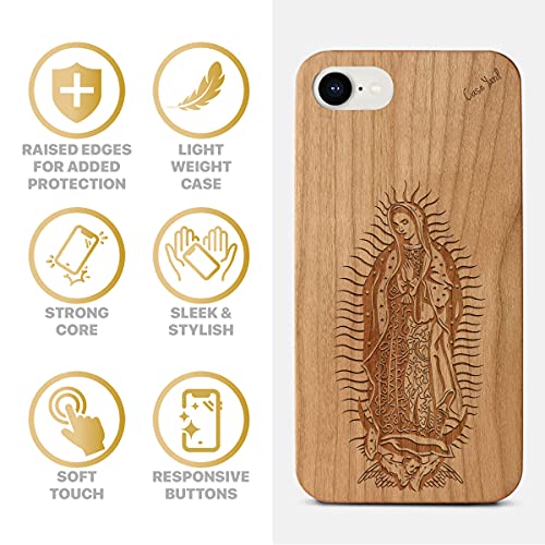 Caseyard Wood Phone Case For Iphone Se Laser Engraved Virgin Mary Design Cherry Wood Compatible Iphone Case Protective Shockproof Slim Fit Cell Phone Cover For Men & Women #TOP3