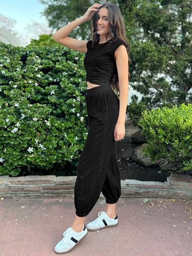 Glamaker Women's Two Piece Athletic Sets Casual Workout Sleeveless Cropped Tops High Sweatpants Joggers Tracksuits3