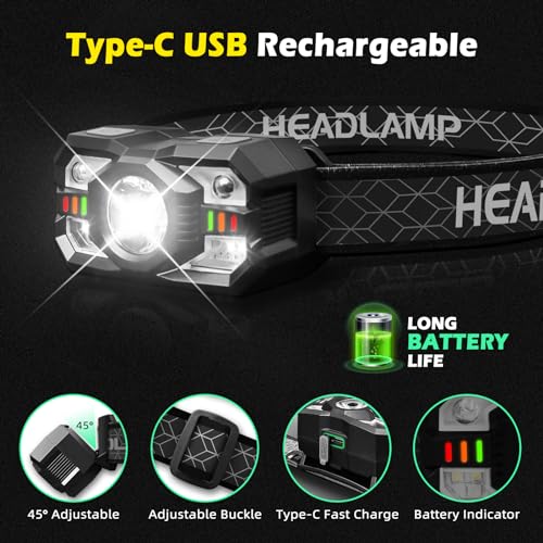 Headlamp Rechargeable 2 Packs, 2000 Lumen Super Bright LED Rechargeable Headlamp with Red Light, Waterproof Motion Sensor Headlight, 10 Modes Head Lamp for Outdoor Camping Fishing Running by Ochter - Image 2
