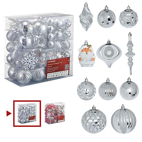 Homde Christmas Balls Ornaments 77ct Includes Santa Claus Snowflakes for Xmas Tree Shatterproof Christmas Tree Decorations with Hanging Rope (Silver)