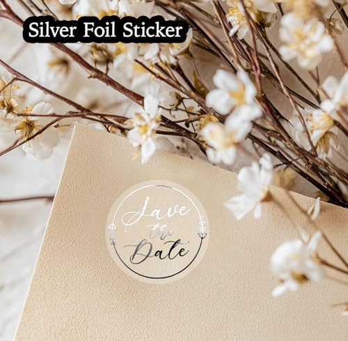 100 x Save The Date Stickers – Silver Foil Transparent Wedding Invitation Seals – Elegant Embossed Clear Favor Labels – 1.6 Inch (Silver)