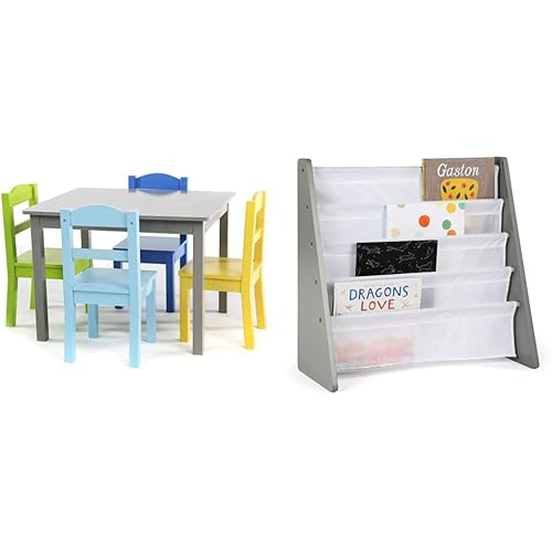 Humble Crew, Grey/Blue/Green/Yellow Kids Wood Table and 4 Chairs Set & Crew Kids Book Rack Storage Bookshelf, Grey/White