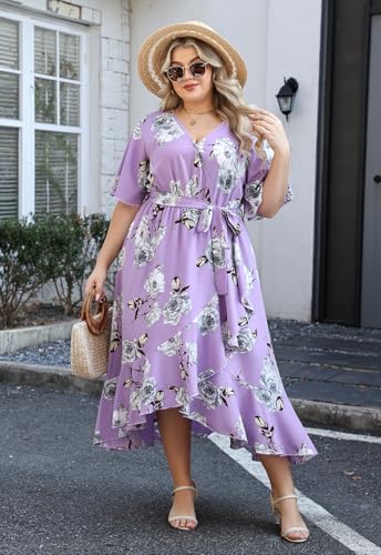 Image of Keluummi Plus Size Maxi Dress for Women V-Neck Floral Empire Waist 3 /4 Sleeve with Pockets