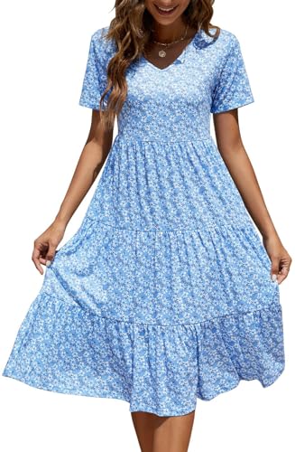 Image of Berydress Women's Casual Summer Tiered Midi Dress 2026 V Neck Boho Sundress | Short Sleeve Dresses for Women, Loose Ruffle Babydoll Style, Cotton Blend Fabric, for Church, Going Out, Beach Vacation