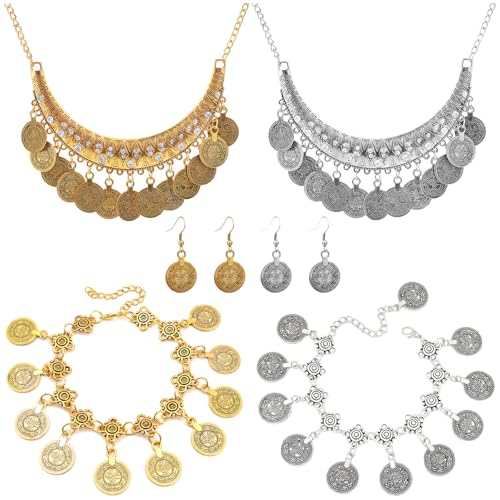 8 Piezas Joyas de Adivina Collar Pulsera Pendientes Estilo Vintage Conjunto Pulsera Pendientes y Collar Joyas de Estilo Bohemio para Trajes de Baile Del Vientre, Fiestas de Carnaval（Oro, Plata）