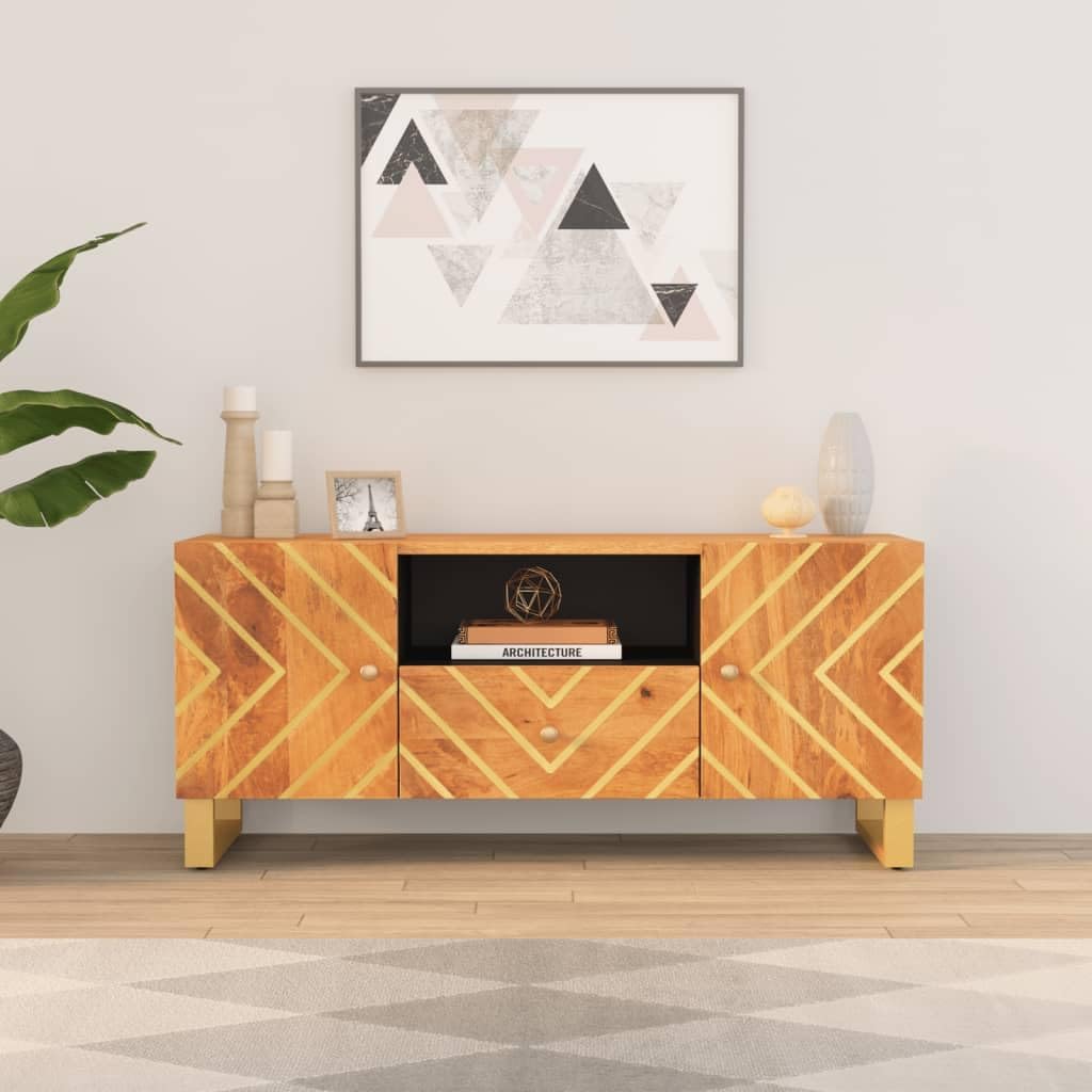 Modern 41" Brown Mango Wood TV Cabinet with Matte Black Iron Legs, Solid Entertainment Center for Living Room or Bedroom