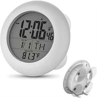 Shower Clock for Bathroom and Kitchen - Large Digital Display Shows Time, Date, Day of The Week and Temperature. Large Suction Cups, Hanging Hole, and Kick Stand - Atomic Clock