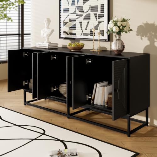 vutizal Sideboard Schwarz Matt 160cm, Aufbewahrungsschrank Modern mit Relief-Design, 3-türige Kommode offen für Wohnzimmer Arbeitszimmer, 160x38x75.5 cm