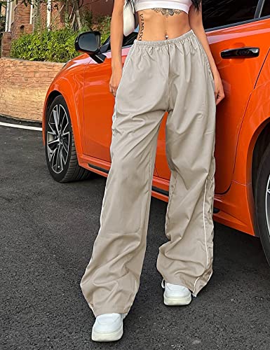 Ellenwell Womens Parachute Pants Baggy Y2K Track Pants Wide Leg Streetwear Loose Jogger (Beige-S) #TOP2