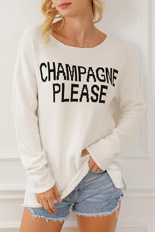 Champagne Please Graphic Pullover Sweaters for Women Crewneck Sweatshirt Long Sleeve Side Slit Knit Top Oversized Sweater - Image 4