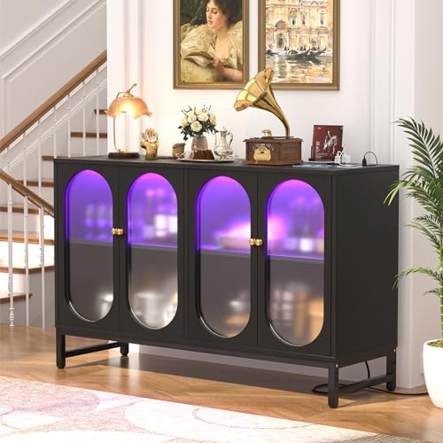 Aheaplus Black Kitchen Sideboard with LED Light and Power Outlet