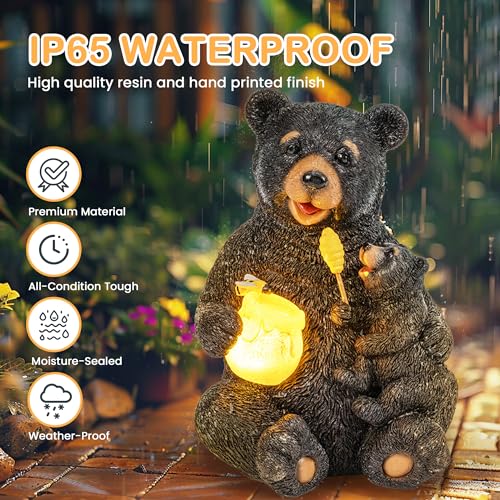 GIGALUMI Solar Garden Statues Loving Bear Figurine Lights for Outside, Yard Decorations Outdoor, Garden Decor Unique Birthday Housewarming Gifts for Mom, Women, Black - Image 3