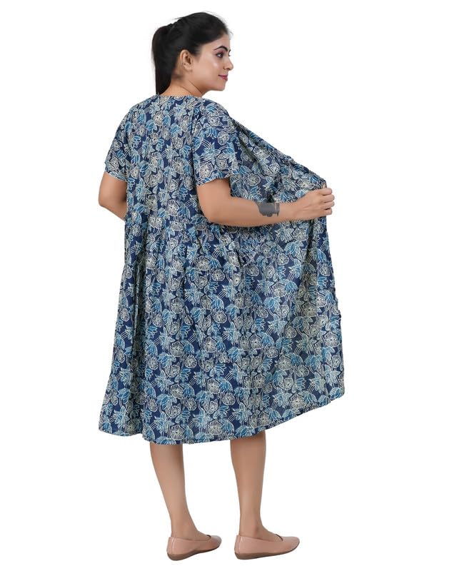 Image of MENMAII Women's Cotton Full Front Open Buttoned Dress|Loose fit Frilled Dress with V Neckline|Short Sleeve |Calf Length|Maternity, Feeding, Elderly & Hospital Wear|Sizes XL-2XL