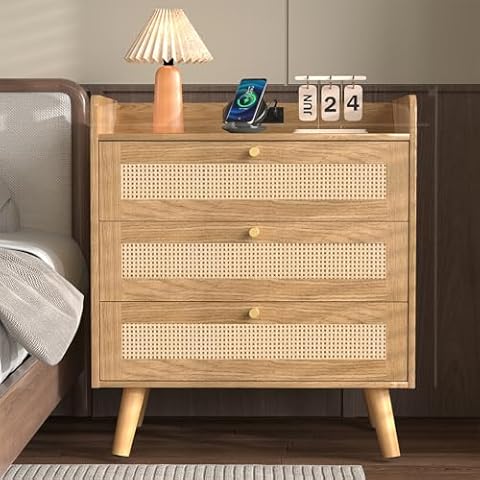 MECHYIN Rattan Nightstand with Charging Station, 3 Drawer Dresser for Bedroom, Farmhouse End Table, Bedside Table with 2 USB Ports and 2 AC Outlets, Big Nightstand/Boho Rattan Cabinet (1, Natural) Cover