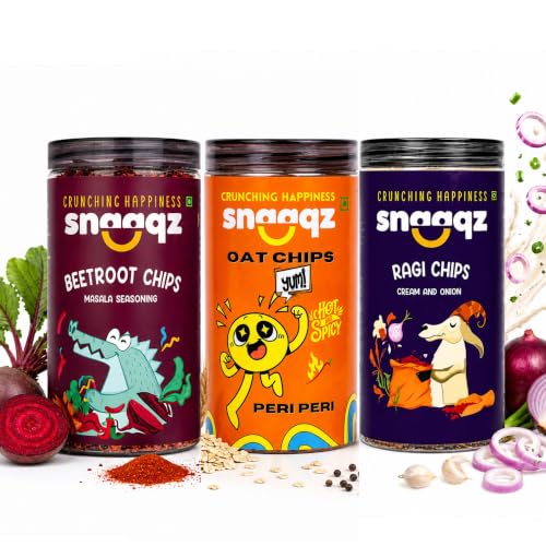 Image of Snaaqz Supergrain Chips Combo (Beetroot Masala, Peri Peri Oat & Ragi Cream & Onion) | Pack of 3 (150g each) | Crispy & Healthy Chips, High Protein, Gluten Free, Vegan, Low Calorie, No Palm Oil