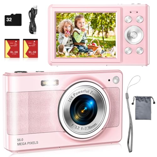 Upgrade Digital Camera, 56MP FHD 1080P Camera for Kids with 16x Zoom Anti Shake, Kid Camera with 32GB TF Card, Two Batteries, Lanyard, Compact Small for Kids Boys Girls(Pink) by SECHKISS - Used condition - US$138.12
