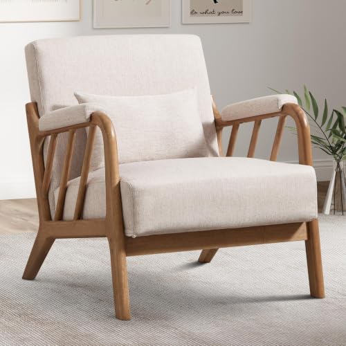 INZOY Mid Century Modern Accent Chair, Linen Fabric Reading Armchair, Beige