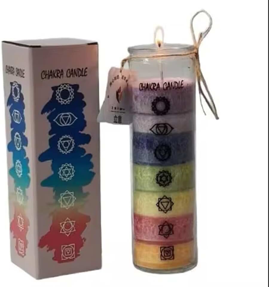 Vela de 7 chakras en tarro – Hecho a mano de cera de palma con efecto flor de hielo, 7 capas de colores chakras, aproximadamente 100 h de combustión, caja de regalo, vela de meditación decorativa