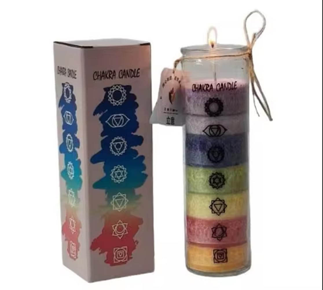 Ab India Crafts Multi-Coloured 7 Chakra Rainbow Colours 7 Chakra Candle In Glass - Handmade From Palm Wax, Ice Flower Effect, 7 Layers Chakra Colours, Approx 100 Hours Burn Time, Gift Box - Meditation Candle Decorative Candle