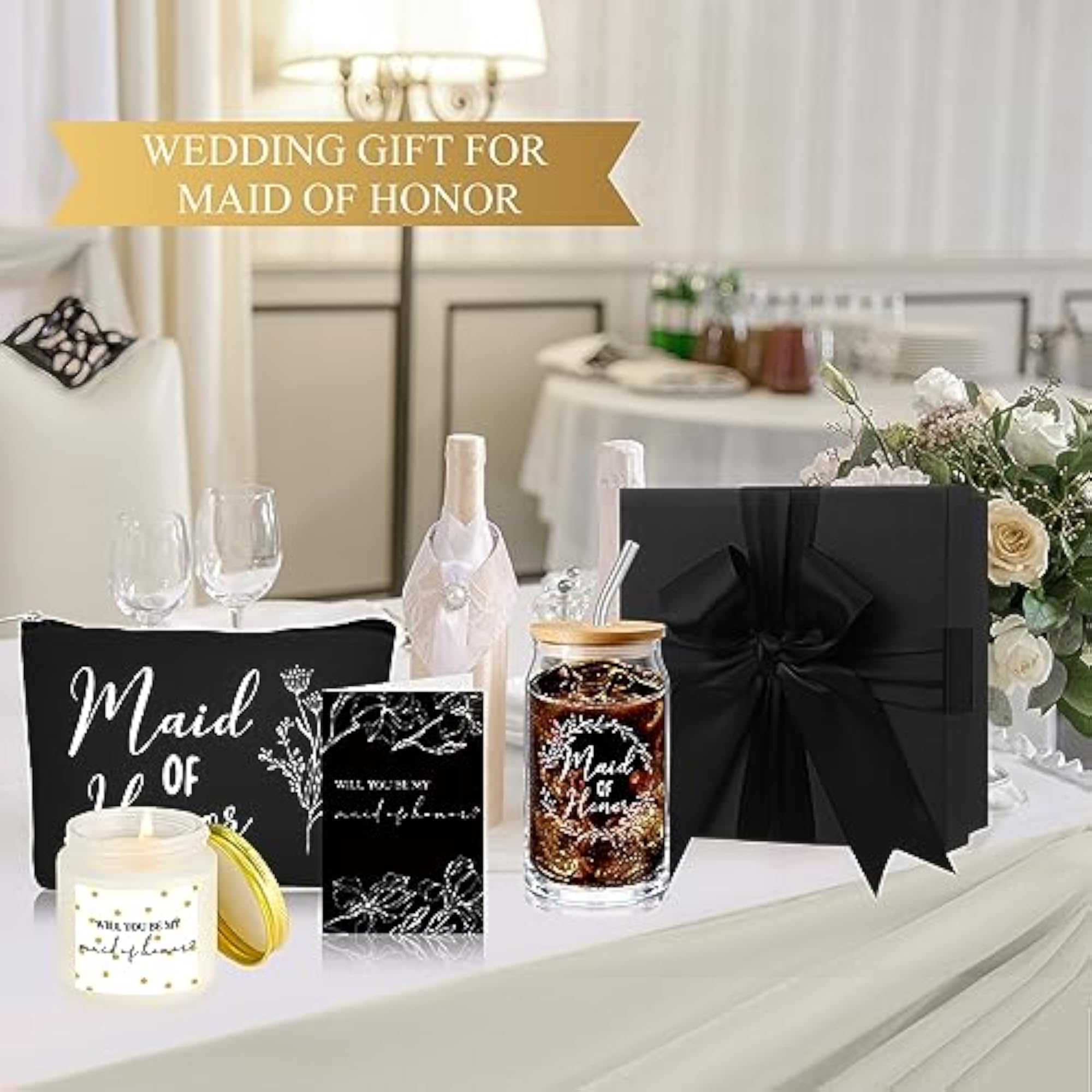 Bridesmaid Gift Box Set of 5 with Glass Cup, Candle & Makeup Bag