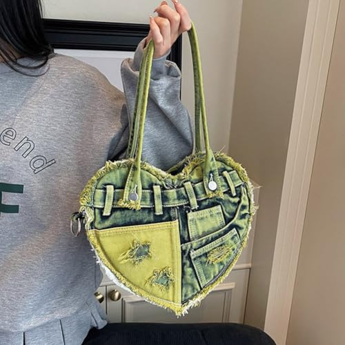 Sac en denim Y2K patchwork et messager mignon en cœur pour ado - 8