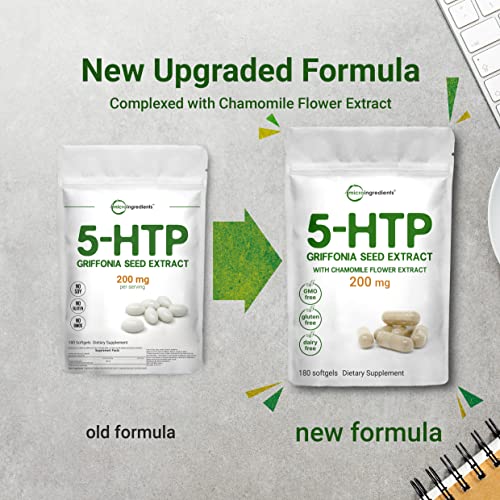 Micro Ingredients 5-Htp 200Mg With Chamomile Flower Extract, 180 Capsules, 2 In 1 Formula, 98% Griffonia Seed Extract, Enhanced With Chamomile | Highly Bioavailable For Mood, Sleep & Relaxation #TOP3