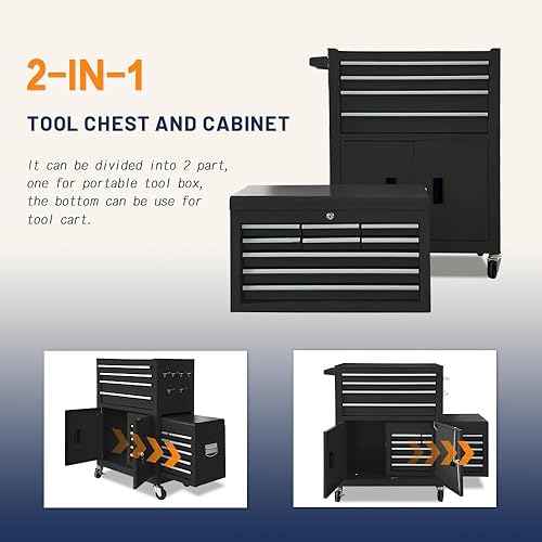Miniatura 6 de Caja de herramientas con 13 cajones, puerta doble, rodante, 2 en 1, desmontable, caja de herramientas con cajones y ruedas, gabinete de herramientas