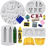 Sijiangmold Set di 4 stampi in silicone per pasta di zucchero a forma di libro, forbici, tavolozza da disegno, scuolabus, decorazione per torte, cioccolato, cupcake, pasta di gomma, set da 4