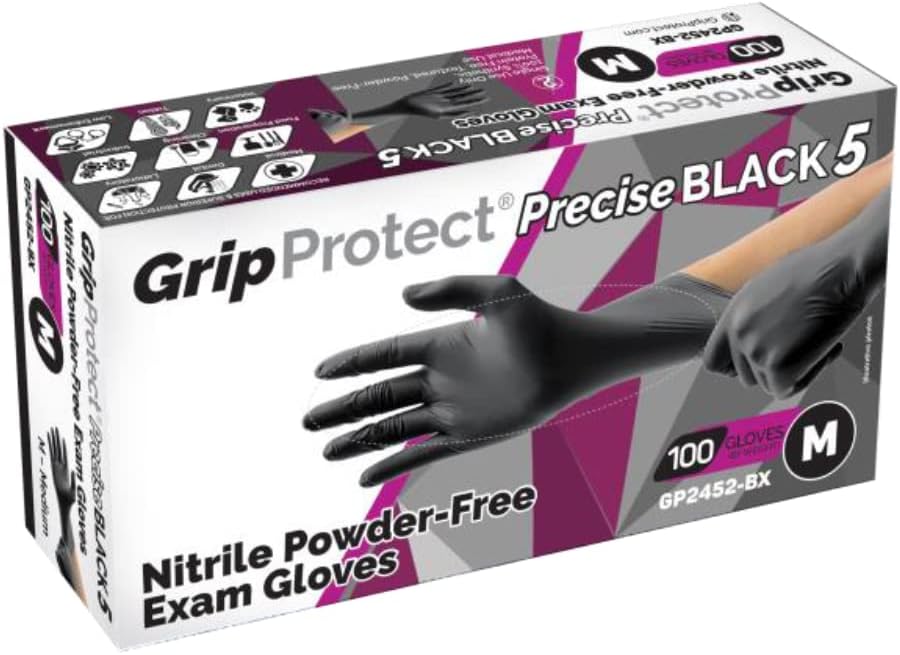 GripProtect Precise Black 5 Nitrile Exam Gloves | 5 Mil Thickness | Chemo-Rated | Medical, Law Enforcement, Tattoo, Dental, Janitorial, Food & Agriculture (XL, 100)