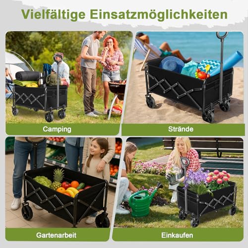 SURFOU Bollerwagen faltbar 100kg belastbar & 120L Volumen | Mit 360° All-Terrain Reifen | Robustes Stahlchassis & Wetterfeste Plane | Ideal für Camping, Strand und Festival (Schwarz)