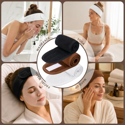 Image of Whaline 3Pcs Spa Facial Headbands Make Up Wrap Head Terry Cloth Headband Soft Adjustable Towel Band for Face Washing Shower Facial Cover Yoga (White, Black, Coffee)