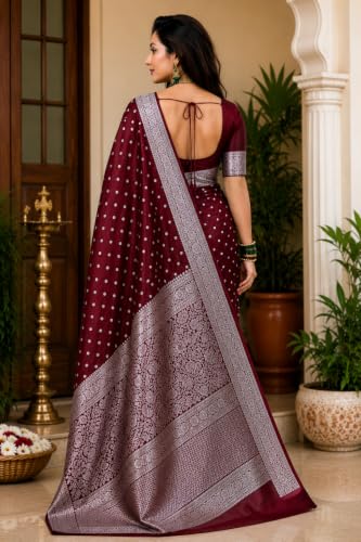 Image of Women's Glory Banarasi Satin Silk Saree with Rich Gold Silver Zari Floral Embroidery | Kanjivaram Style | Traditional Wedding & Festive sadi with Contrast Border