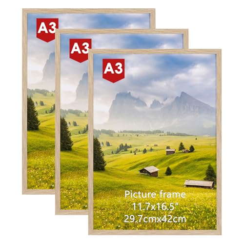 Hoikwo Lot de 3 Cadre A3 Bois en Imitation, Cadre Photo A3 (29,7x42 cm) Idéal pour Accrochage Mural, Photos, Affiches, Puzzles et Diplômes