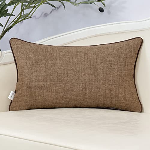 Yangest Coffee Brown Patchwork Linen Lumbar Throw Pillow Cover Farmhouse Burlap Cushion Case Neutral Oblong Pillowcase For Sofa Couch Bedroom Living Room Home Decor, 12X20 Inch #TOP1