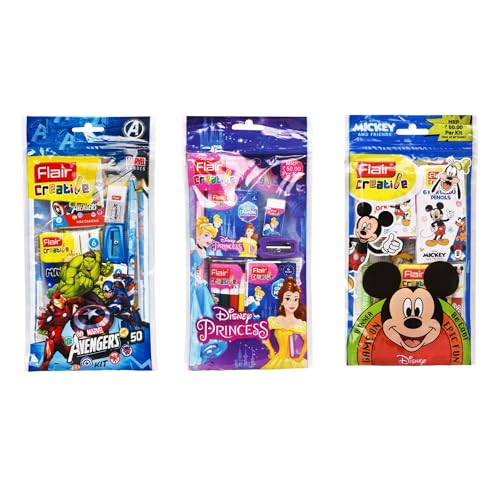 Image of Flair Creative Series Disney Themed Stationery Kits | Marvel Avengers, Mickey Mouse & Disney Princess | Smart Kit for Your Creative Need & Fun Learning | Ideal Gift Items for Kids | Pack of 3 Kits