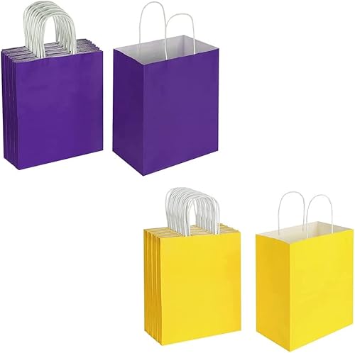 Oikss Cada paquete de 50 bolsas de regalo de papel kraft mediano morado y amarillo con asas a granel