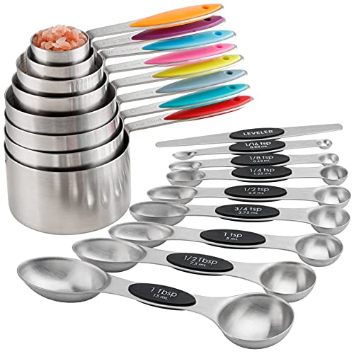 Messbecher und Löffel-Set aus 17 Edelstahl-Messbechern, doppelseitig, magnetisch, Löffel und 1 Wasserwaage zum Messen von trockenen und flüssigen Zutaten Cover
