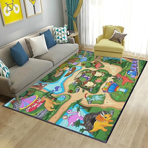 Cute Dinosaur Zoo Area Rug for Kids Boys Girls Room Bedroom, Dinosaur Land Toddler Baby Crawling Playing Rug Gaming Carpet for Living Room Nursery Room, Non-Slip Machine Washable Rug 59 * 39inch