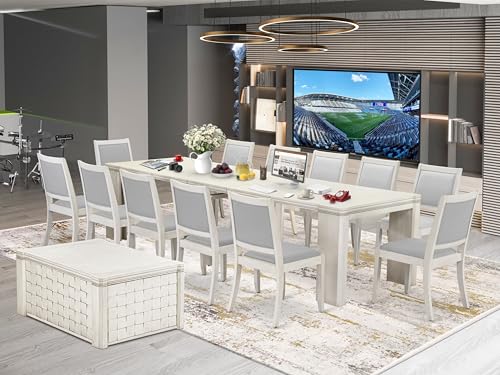 Image of X12X2-0CW-27-14 Pieces Extendable Dining Set Includes 1 Rectangle Xtenczar Dining Table, 1 Coffee Table, 12 Light Gray Faux Leather Stackable Dining Chairs, Antique White