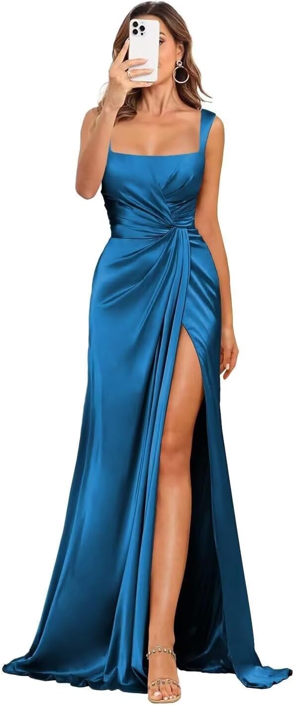 Satin bridesmaid dress slit pleated maxi mermaid formal evening